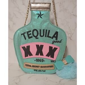 BAM FOREVER Blue Glitter Tequila Bottle Novelty Crossbody Bag w/ Charm - NWOT